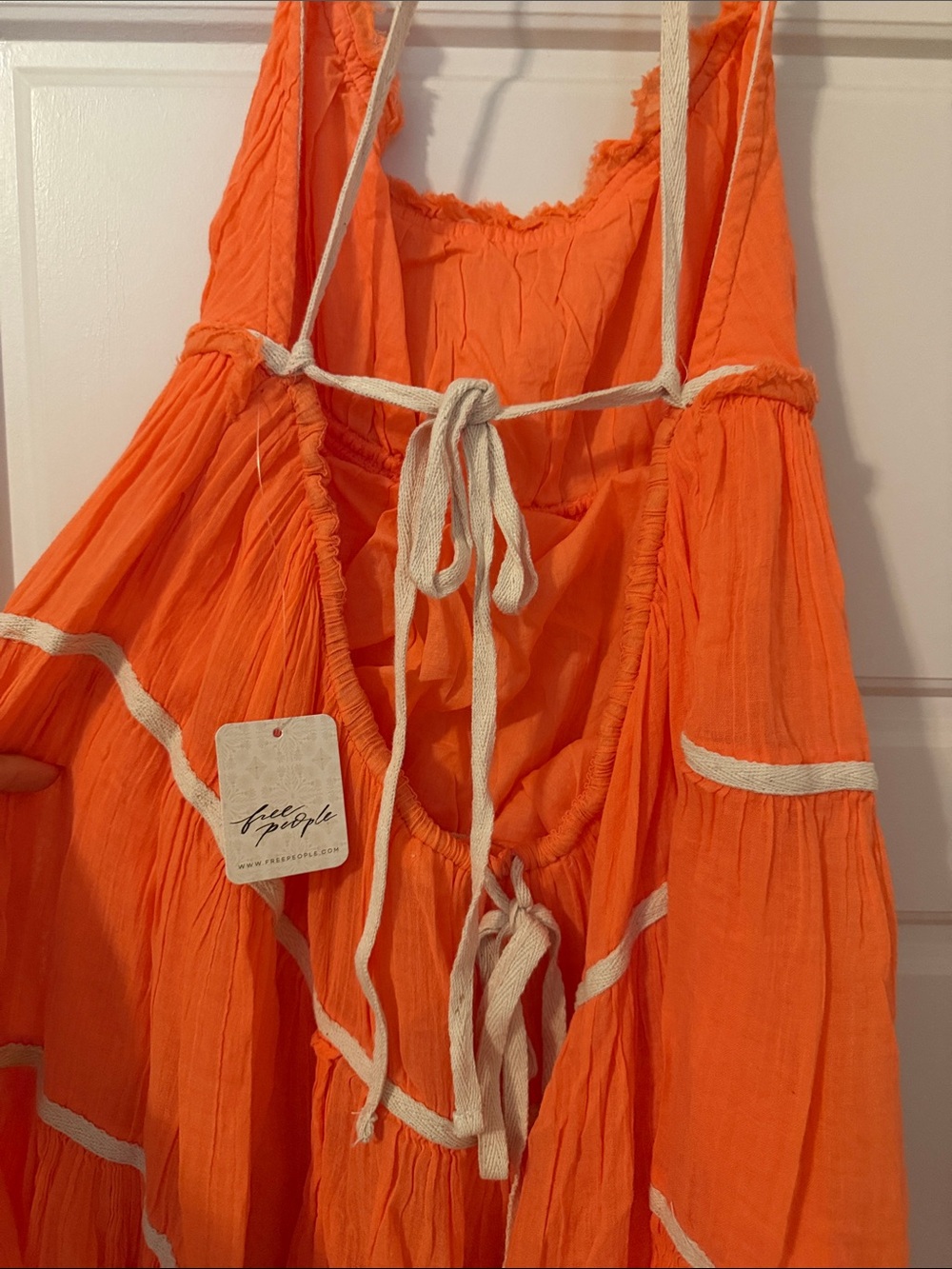 Free People Bright Orange Backless Tiered Mini Dress with White Trim - Picture 2 of 4